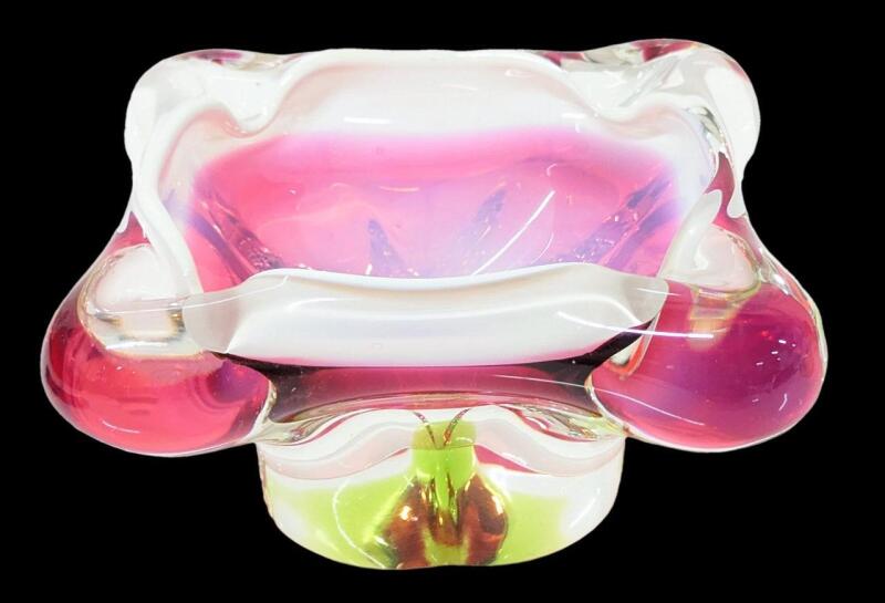 Eye-Catching Studio / Art Glass Clear Pink Green White Ashtray, 5" &times; 5" &times; 2.7" Tall, Tiny Chip in Bottom Rim