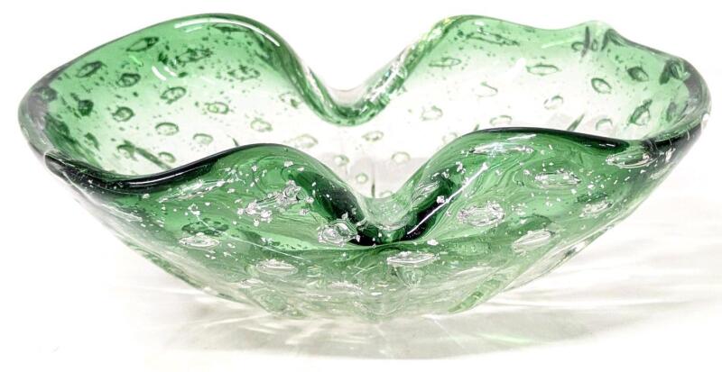 Vintage Bullicante Controlled Bubble + Silver Flake Art Glass Ashtray, 6.25" &times; 7" &times; 2" Tall, No Chips or Cracks