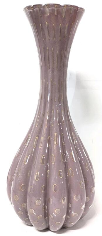 STUNNING Mid Century Modern Large Pink and Gold Dust Ringed Ribbed Murano Glass Vase, 16" Tall, No Chips or Cracks