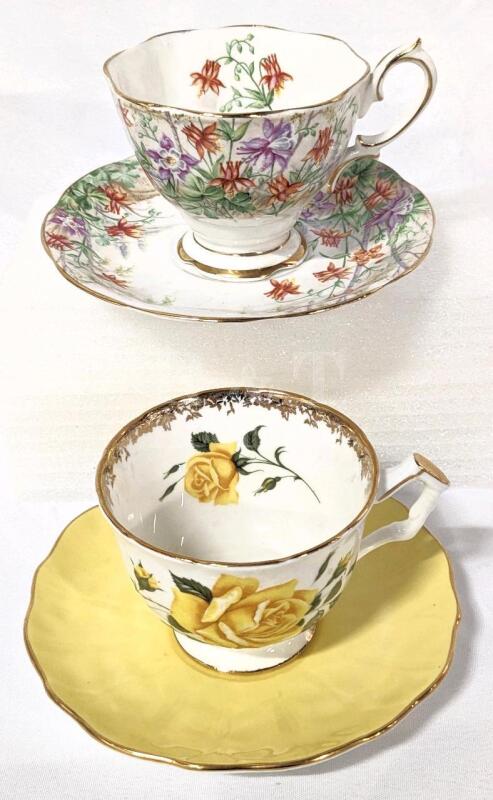 Vintage Aynsley Yellow Rose & Royal Albert Columbine England Bone China Teacup & Saucer