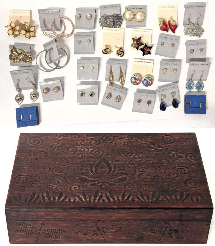 25+ Pairs of Earrings, 20 Pierced, 5 Clip Style With Clip Earring Converter in Wood Box 6" &times; 9" &times; 2.25"