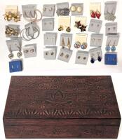 25+ Pairs of Earrings, 20 Pierced, 5 Clip Style With Clip Earring Converter in Wood Box 6" &times; 9" &times; 2.25"