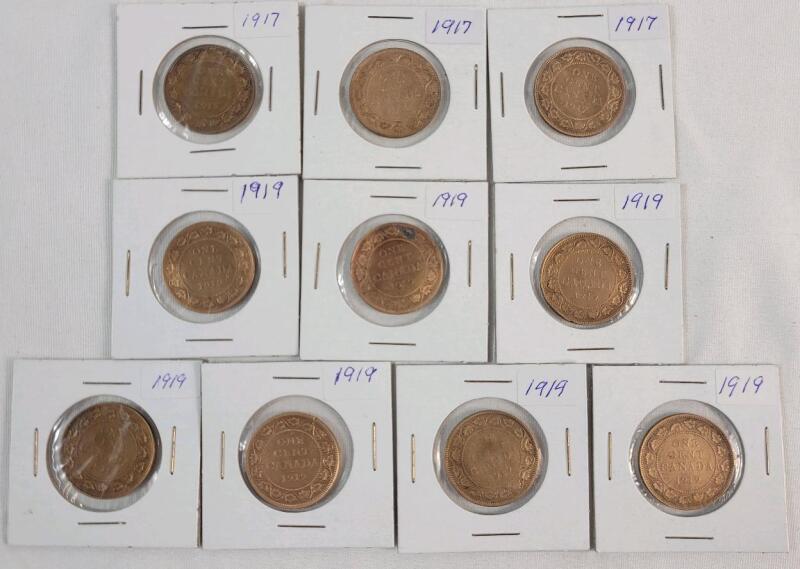 1917 & 1919 Canadian King George V Large One Cent Pennies . 1917 &times;3 & 1919 &times;7
