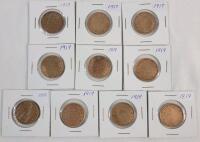 1917 & 1919 Canadian King George V Large One Cent Pennies . 1917 &times;3 & 1919 &times;7