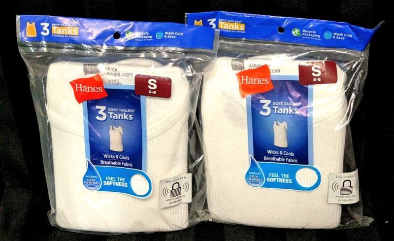 6 New Size SM (6-8) Boys HANES 100% Cotton Tagless Tank Tops (2 Packages of 3 Tanks Each)