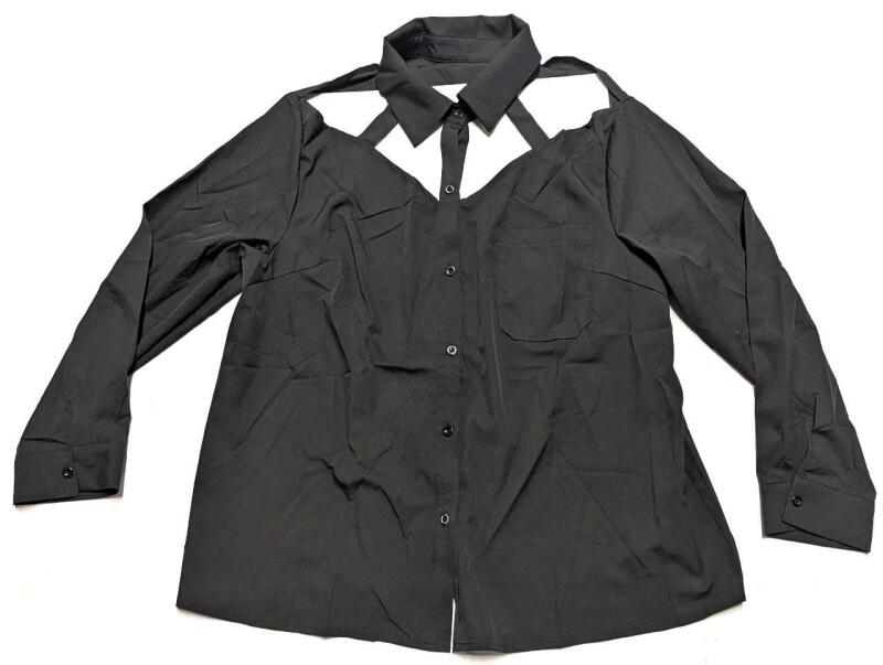 New Size 2XL Women's Cut-Out Collar Button-Up Long-Sleeve Shirt