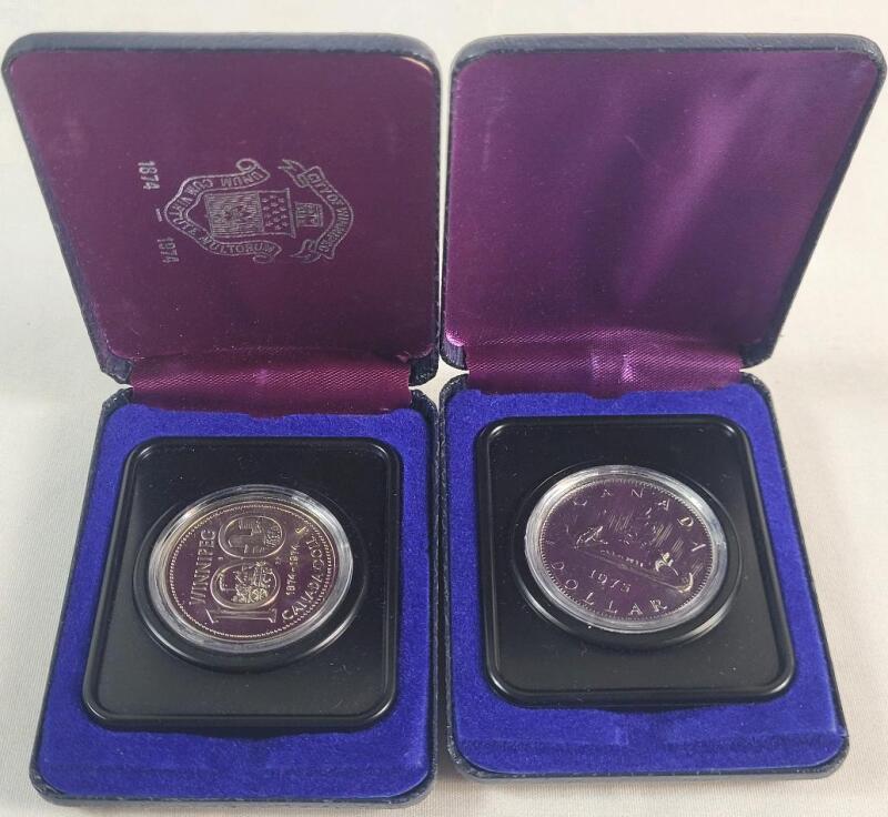 1974 & 1975 Canadian One Dollar Coins in Case . 1974 (1874-) Canadian Winnipeg One Dollar Coin & 1975 Canadian One Dollar Coin . Both Uncirculated