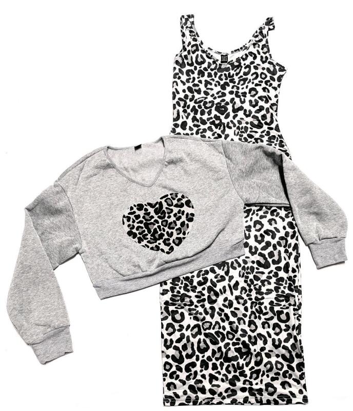 New Size XS Women's 2-Piece Snow Leopard Print Sleeveless Bodycon Dress & V-Neck Crop Sweater Set