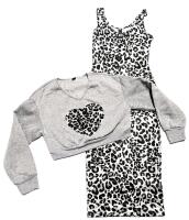 New Size XS Women's 2-Piece Snow Leopard Print Sleeveless Bodycon Dress & V-Neck Crop Sweater Set