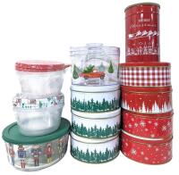 New Christmas Holiday Containers: 7 Round Cookie Tins 5.75" Diameter, 1 Clear Stackable Container, 1.65L Glass Container With Lid, 6 Round 800ml Containers With Lids, Cannister With Bamboo Lid