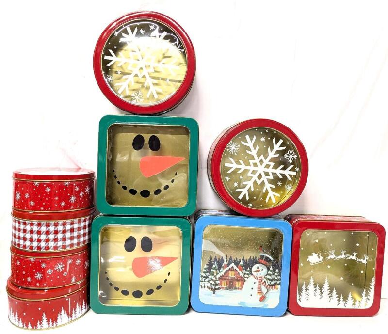 10 New Christmas Holiday Tins, Up To 7.4" &times; 7.4" &times; 2.5" Tall With Clear Windows, Perfect For Cookies & Holiday Baking!