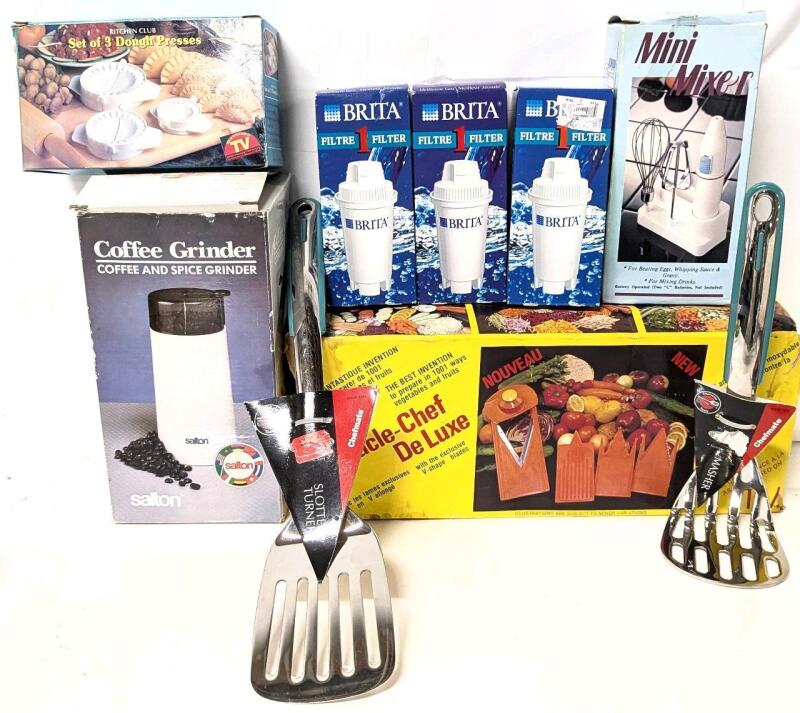 Vintage to Modern Kitchen: As-New Mini Mixer & 3pc Dough Press, Salton Coffee Grinder, Miracle Chef Mandolin, 3&times; Sealed Brita Replacement Filters #OB07, New Chefmate Slotted Turner & Masher