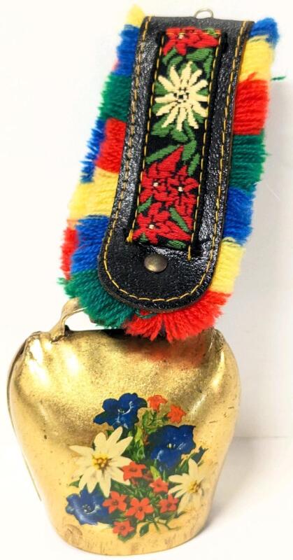 Vintage Floral Cowbell With Embroidered Fringe Strap, 7" Long Incl Strap