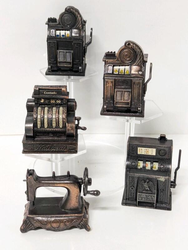 5 Vintage Pencil Sharpener Miniatures, Up To 2.5" Tall, Some Made in Hong Kong (One Slot Machine Wheel Does Not Spin)