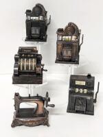 5 Vintage Pencil Sharpener Miniatures, Up To 2.5" Tall, Some Made in Hong Kong (One Slot Machine Wheel Does Not Spin)