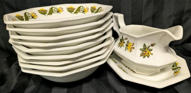 Vintage Heritage Johnson & Bros Ironstone China Lot. 9 Soup Bowls, 1 Gravy Boat with Plate.