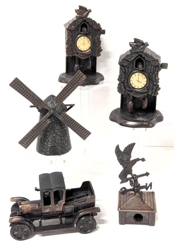 5 Vintage Pencil Sharpener Miniatures, Up To 3.5" Tall, Some Made in Hong Kong