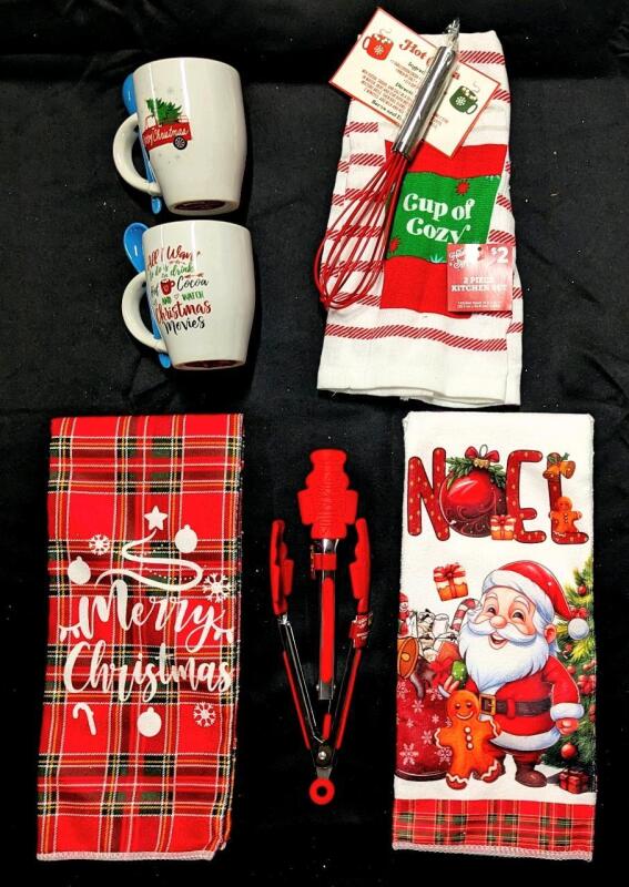 New Christmas Kitchen Gear: 2 325ml Ceramic Mugs With Spoons, Kitchen Towel & Silicone Whisk, 2 Kitchen Towels & 2 Silicone Nutcracker Tongs