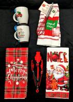 New Christmas Kitchen Gear: 2 325ml Ceramic Mugs With Spoons, Kitchen Towel & Silicone Whisk, 2 Kitchen Towels & 2 Silicone Nutcracker Tongs