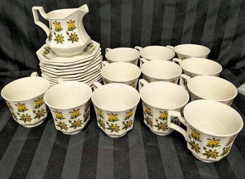 Vintage Heritage Johnson & Bros Ironstone China Lot.. 12 Teacups. 12 Saucers, 1 Creamer. 4.5"