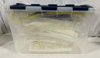 Assorted Tablecloths and Napkins Lot with Bin (22&rdquo; x 16&rdquo; x 12.5&rdquo;) Variously Sized Cloths, Mostly Shades of White