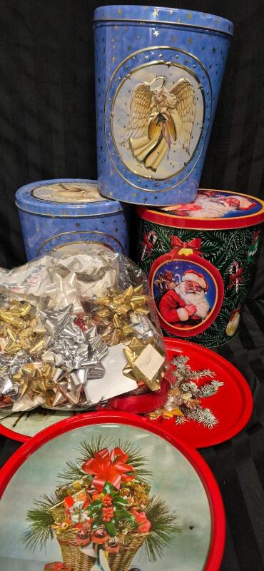 Large Christmas Tins 10.5" Tall & 3 Metal Vintage Trays 10.75" Diameter & Holiday Bows