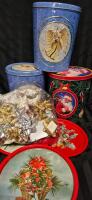 Large Christmas Tins 10.5" Tall & 3 Metal Vintage Trays 10.75" Diameter & Holiday Bows