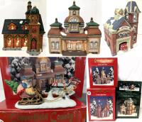 3 Vintage Porcelain Christmas Village-Style Light-Up Buildings (Fire Station Lacks Light Assembly) & Sleigh From Copperfield County / Heartland Valley Village, Working, Up to 9.25" Tall