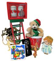 Vintage to Modern Christmas: Elf-Sized Folding Wood Ladder, Santa Trivet, Nikko Japan Cheese Plate, S&P Shakers, Wine Stopper, Lamp Topper/Finial, 6" Tall Ceramic Angel Lamp (Working)
