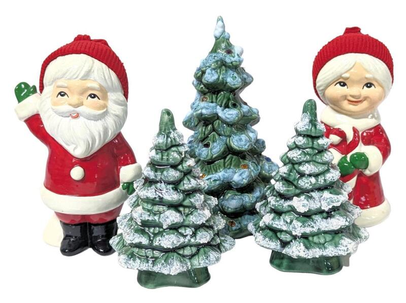 Vintage Ceramic Mini Christmas Tree + Signed 1984 Ceramic Christmas Trees Salt & Pepper Shakers, Santa / Mrs Claus Figures Made in Korea , Up To 6" Tall, Glaze Uses For Snow "Popped" In Places