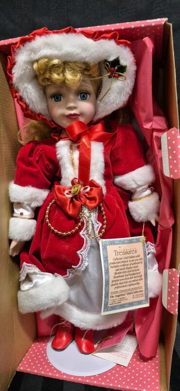 Adorable Vintage Procelain Christmas 15.5" Doll with Doll Stand