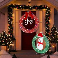2 New 18.9" JOY & SNOWMAN Pre-lit Outdoor Christmas Wreaths, Some Assembly Required
