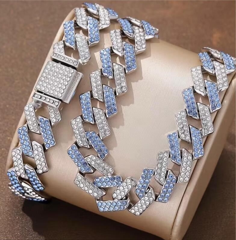 Beautiful 2pcs Blue & Clear Cuban Chain Rhinestone Necklace and Bracelet Set Box Clasp Necklace approximately 19.5&rsquo;&rsquo; Bracelet 8&rsquo;&rsquo; stock photos added see description