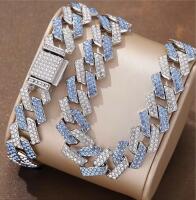 Beautiful 2pcs Blue & Clear Cuban Chain Rhinestone Necklace and Bracelet Set Box Clasp Necklace approximately 19.5&rsquo;&rsquo; Bracelet 8&rsquo;&rsquo; stock photos added see description