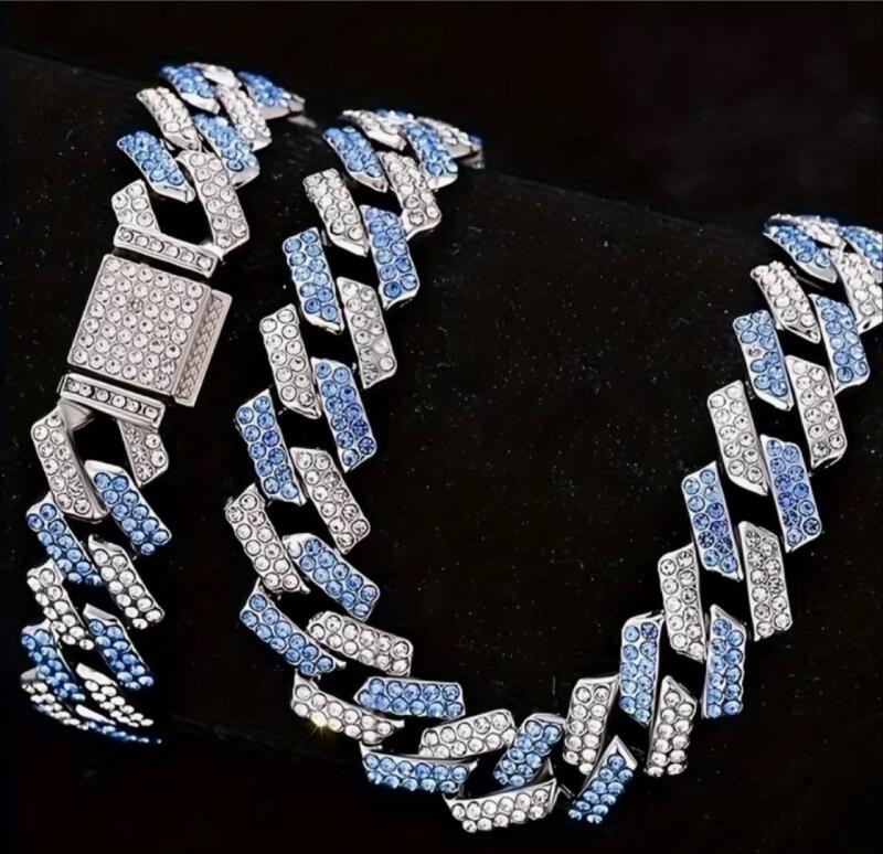 Beautiful 2pcs Blue & Clear Cuban Chain Rhinestone Necklace and Bracelet Set Box Clasp Necklace approximately 19.5&rsquo;&rsquo; Bracelet 8&rsquo;&rsquo; stock photos added see description