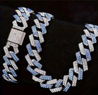 Beautiful 2pcs Blue & Clear Cuban Chain Rhinestone Necklace and Bracelet Set Box Clasp Necklace approximately 19.5&rsquo;&rsquo; Bracelet 8&rsquo;&rsquo; stock photos added see description