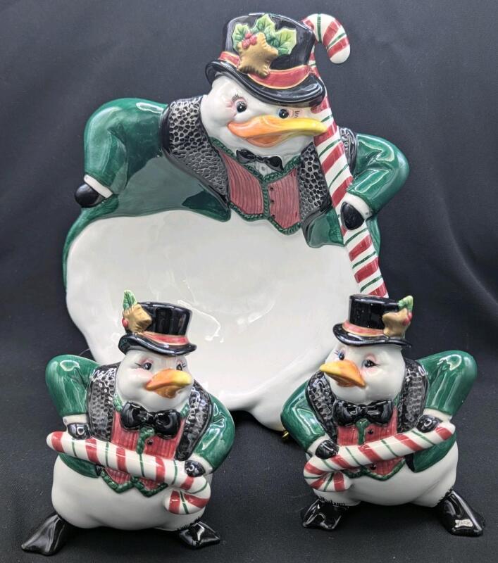 FITZ AND FLOYD Essentials : Dapper Christmas Penguin 5.25" Tall Salt & Pepper Shakers & Matching Candy Dish in Original Boxes, No Chips or Cracks (With Stoppers)