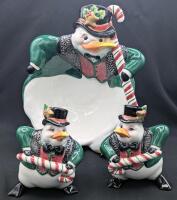 FITZ AND FLOYD Essentials : Dapper Christmas Penguin 5.25" Tall Salt & Pepper Shakers & Matching Candy Dish in Original Boxes, No Chips or Cracks (With Stoppers)