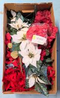 Box Full of Vintage to Modern Artificial Poinsettia & Other Faux Plants + Flowers, Box Measures 12.75" &times; 23" &times; 10" Tall