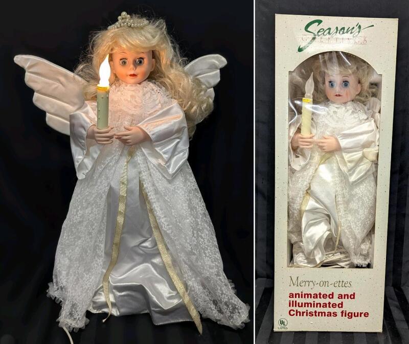 Vintage Working 23" Tall Season's Greetings Angel MERRY-ON-ETTE Indoor Animated & Illuminated Christmas Figure With Original Box