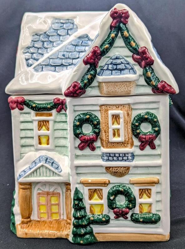 Cute Christmas Village-Style Cookie Jar, 9.75" Tall, Shallow Chips Throughout