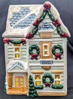 Cute Christmas Village-Style Cookie Jar, 9.75" Tall, Shallow Chips Throughout