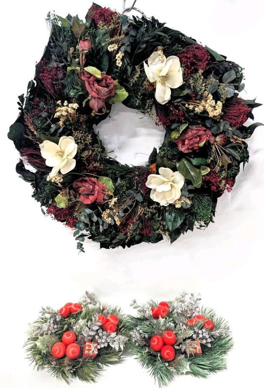 Vintage 18" Diameter Wreath & 2&times; Vintage Pillar Candle Rings For 3" Candles (Previously Used As Mini-Wreaths)