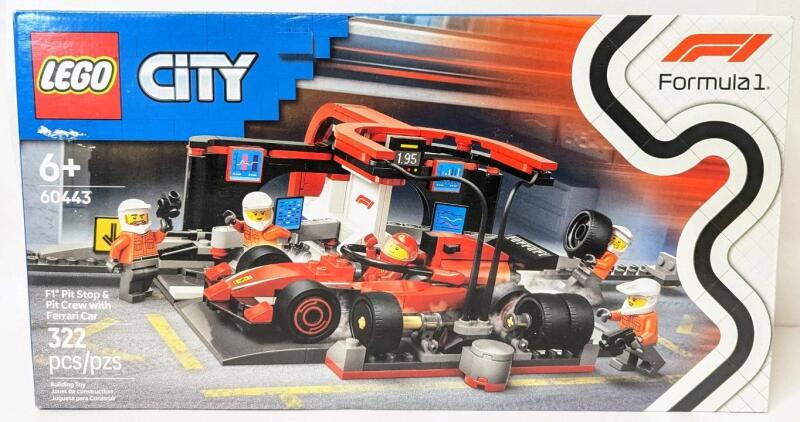 New Sealed LEGO &times; Formula 1 F1 Pit Stop & Pit Crew With Ferrari Car, #60443, 322 Pieces