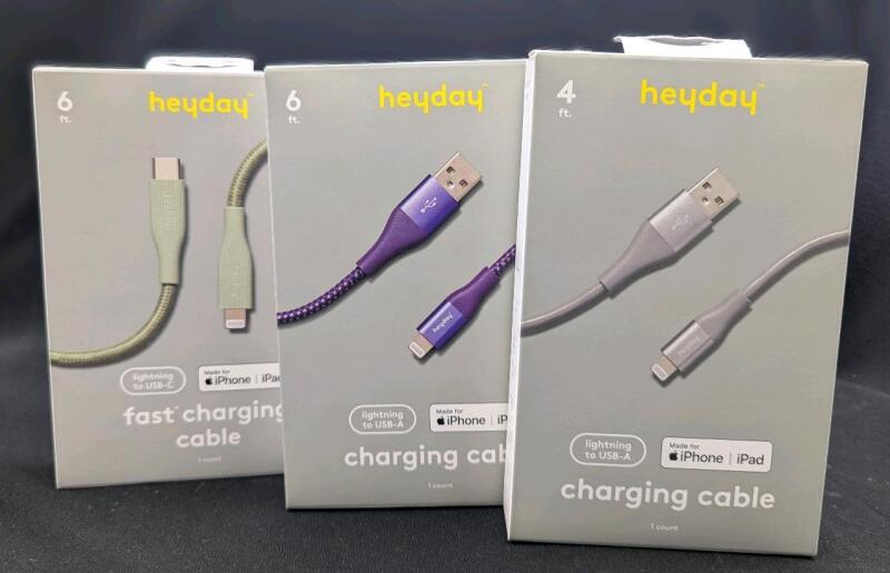 3 New Heyday Apple iPhone/iPad Fast Charging Cables: 2&times; 6ft + 4ft Lightning to USB-A, 1&times; 6ft Lightning to USB-C