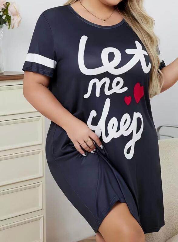 New Women's Plus Size 3XL "Let Me Sleep" Graphic Navy Blue Sleep Dress - Contrast Trim Short Sleeve Round Neck Lounge Nightgown, Machine Washable Home Pajama Dress, Comfortable Sleepwear, Relaxed Fit Design, Soft Material Construction stock photos added 