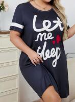 New Women's Plus Size 3XL "Let Me Sleep" Graphic Navy Blue Sleep Dress - Contrast Trim Short Sleeve Round Neck Lounge Nightgown, Machine Washable Home Pajama Dress, Comfortable Sleepwear, Relaxed Fit Design, Soft Material Construction stock photos added 