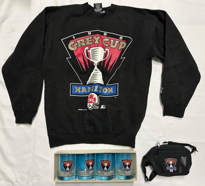 Assorted Grey Cup Hamilton (1996) Memorabilia, Includes Men&rsquo;s Medium Sweater, 4 Rocks Glasses (4&rdquo; x 3&rdquo;) and Fanny Pack