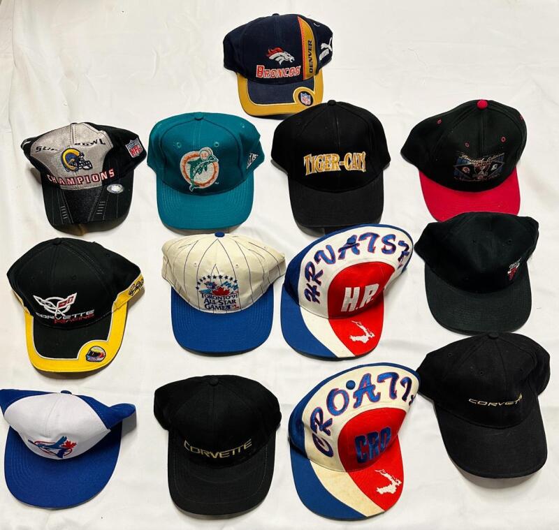 13 Assorted Vintage to Newer Baseball Caps, Mostly Sports-Related - See Photos/Description