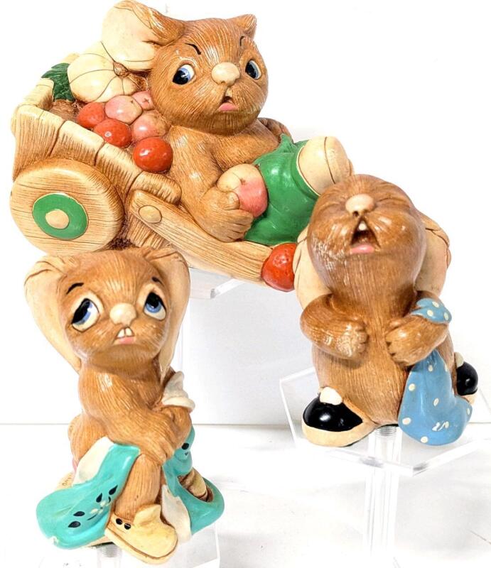 3 Vintage PENDELFIN England Hand Painted Stonecraft Bunny Figures : Totty, Barney & Barrow Boy Figures Up To 3.5" Tall, Wear & Shallow Chips on Barney